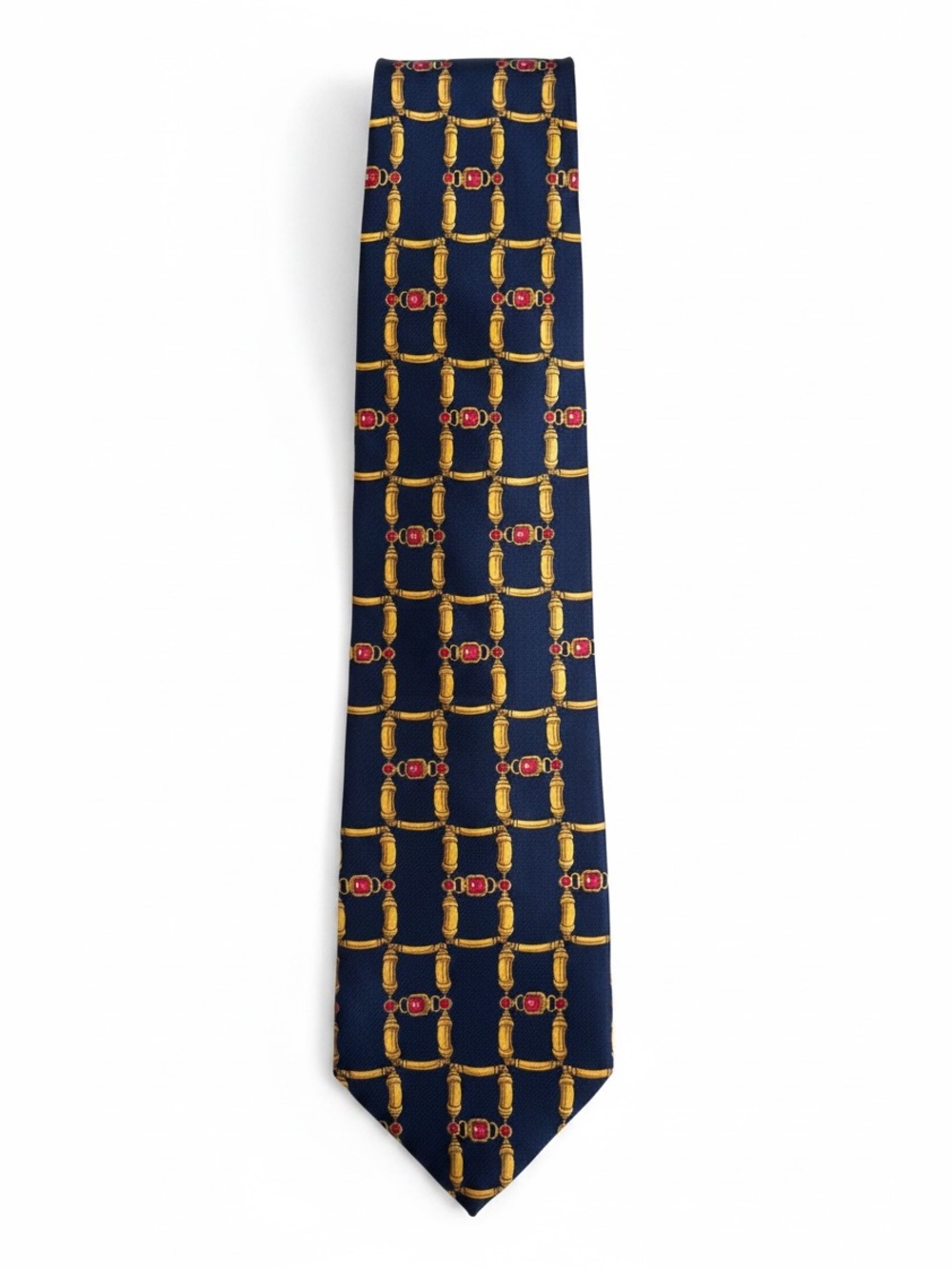 Bill Blass Vintage Silk Tie Navy Gold Equestrian Chain Print Classic Necktie